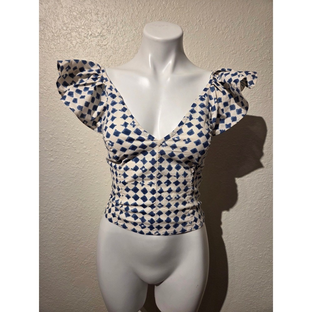 Madewell Ruffle Sleeve V-Neck Top Blue White Diamond Ikat Smocked Back Size 0